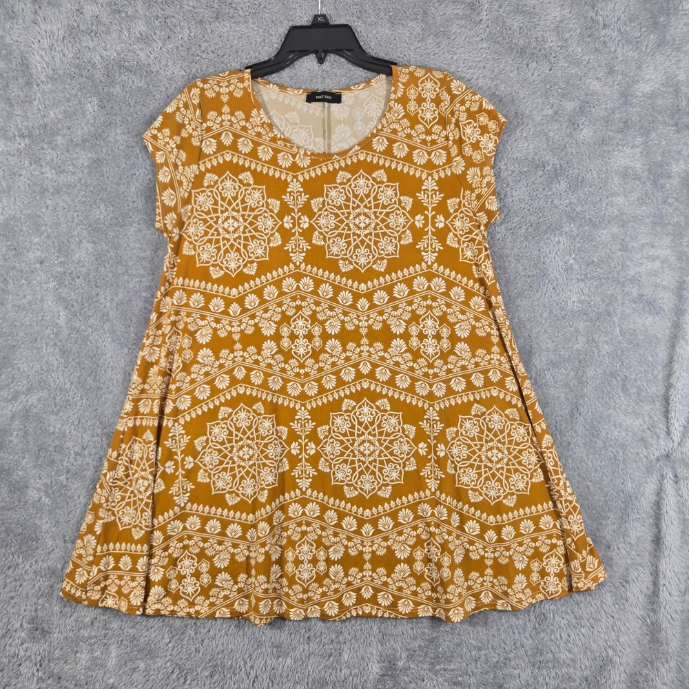 MRT 1030 Womens Mustard Yellow Boho Mandala Print Swing Tunic Top Medium